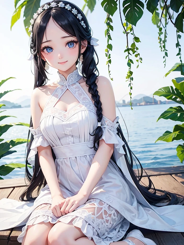 sky blue wedding dress,white mini skirt,kawaii, idol, (sweat:0.7),woman,japanese,exquisite face, beautiful face,bare shoulders,shoulders all exposed,translucent skin,black eyes,black hair,(photorealistic:1.4),realistic details, high resolution,bokeh,outstanding details