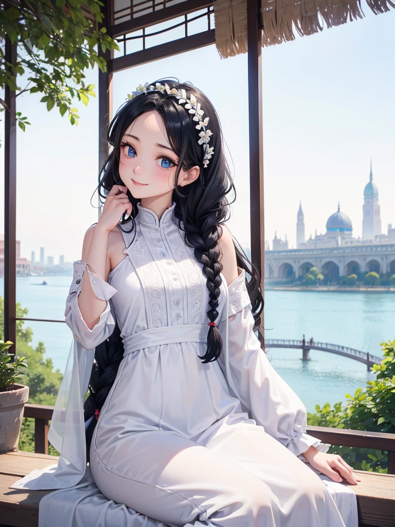 Black Hair、blue eyes、girl、Lady、Braiding、I have long hair。、girl、White dress、smile、Vertical Roll、Drill Hair、Wavy Hair、Sitting、palace、reservoir、Super Long Hair、Hair that reaches the ground、Headband、all back、Show your forehead