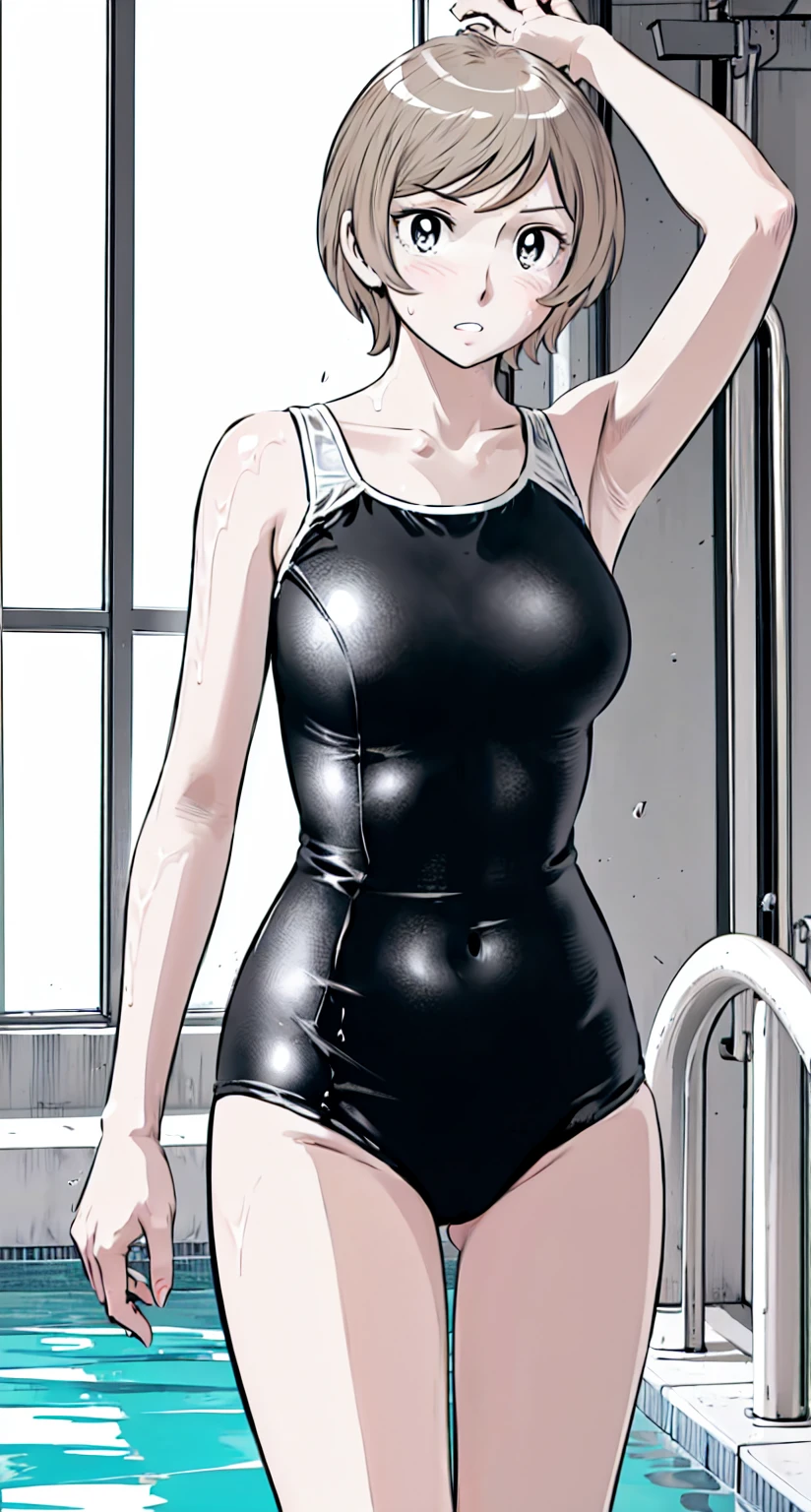 Blonde, (short hair:1.2)、((Illustration of a person))、Big Breasts、
View your viewers,, (Highest quality:1.3),blue eye star piece、Highest quality)、Highest quality, Ultra-high resolution, (((masterpiece))), alone, Sweat、Big eyes、Big Breasts、One Girl, Front view、Embarrassed face、Bronze colored hair、((short hair))、One Girl, alone, blush, Big Breasts,
Bare arms, Wet, Pool, 青いSchool Swimsuit, Thighs, Place your arms at your sides, Bare arms, Cowboy Shot, Are standing, School Swimsuit,bite、High Leg、Mansuji