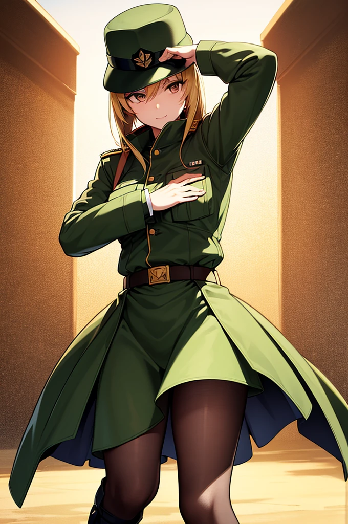 Content:
An anime woman in a military uniform. She has dark brown eyes, tanned skin, blonde hair that ends halfway down her back, and military boots. Her military uniform has themes of brown to reflect the desert background, and she carries binoculars. Her appearance is loosely inspired by Erwin Rommel. She wears a confident smile, looking very mature, with her hands on her hips.
Medium:
Digital art, anime illustration.
Style:
Pixiv contest winner, fine art, with elements inspired by historical military aesthetics and anime character design.
Lighting:
Dramatic, with strong contrasts to highlight her authoritative presence and the details of her uniform. Subtle shadows to add depth and realism.
Colours:
A palette dominated by military greens, browns, and blacks to reflect the desert environment.
Composition:
A full body shot. She salutes to the camera, showcasing her confidence and authority.