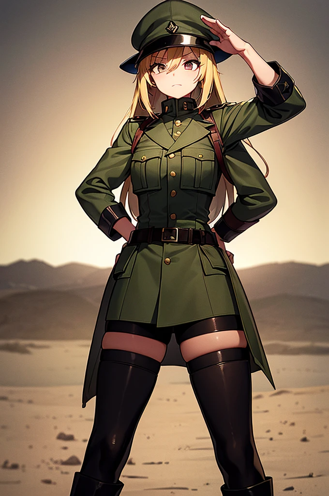 Content:
An anime woman in a military uniform. She has dark brown eyes, tanned skin, blonde hair that ends halfway down her back, and military boots. Her military uniform has themes of brown to reflect the desert background, and she carries binoculars. Her appearance is loosely inspired by Erwin Rommel. She wears a confident smile, looking very mature, with her hands on her hips.

Medium:
Digital art, anime illustration.

Style:
Pixiv contest winner, fine art, with elements inspired by historical military aesthetics and anime character design.

Lighting:
Dramatic, with strong contrasts to highlight her authoritative presence and the details of her uniform. Subtle shadows to add depth and realism.

Colours:
A palette dominated by military greens, browns, and blacks to reflect the desert environment.

Composition:
A full body shot. She salutes to the camera, showcasing her confidence and authority.