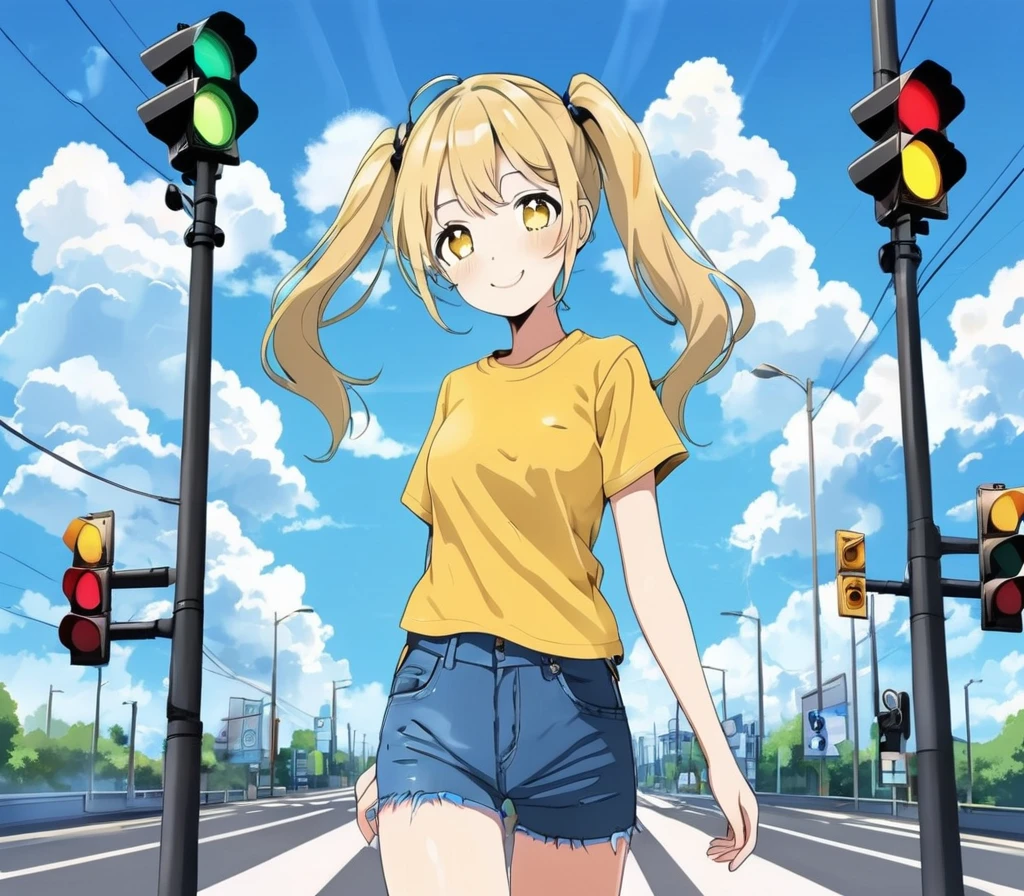Traffic lights flashing blue against a blue sky、Traffic lights floating in the sky、Light blue long hair、Beautiful girl with twin tails、Bright smile、Yellow T-shirt and jeans、The traffic light is flashing blue、White clouds on a clear sky、Face Highlights、Lo-fi art style, Nostalgic and melancholic artwork,
