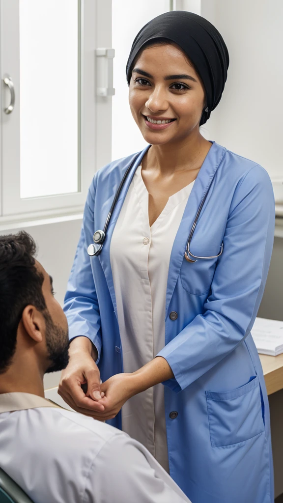 A Muslim doctor holding a stethoscope seriously is talking to a smiling patient in a hospital treatment room. On the next table, there are open medical records, showing the collaboration between the doctor and the patient in the healing process. Natural light from the windows pours in, creating a warm and hopeful atmosphere in this medical treatment.very real, high resolution, 8k resolution, intricate details