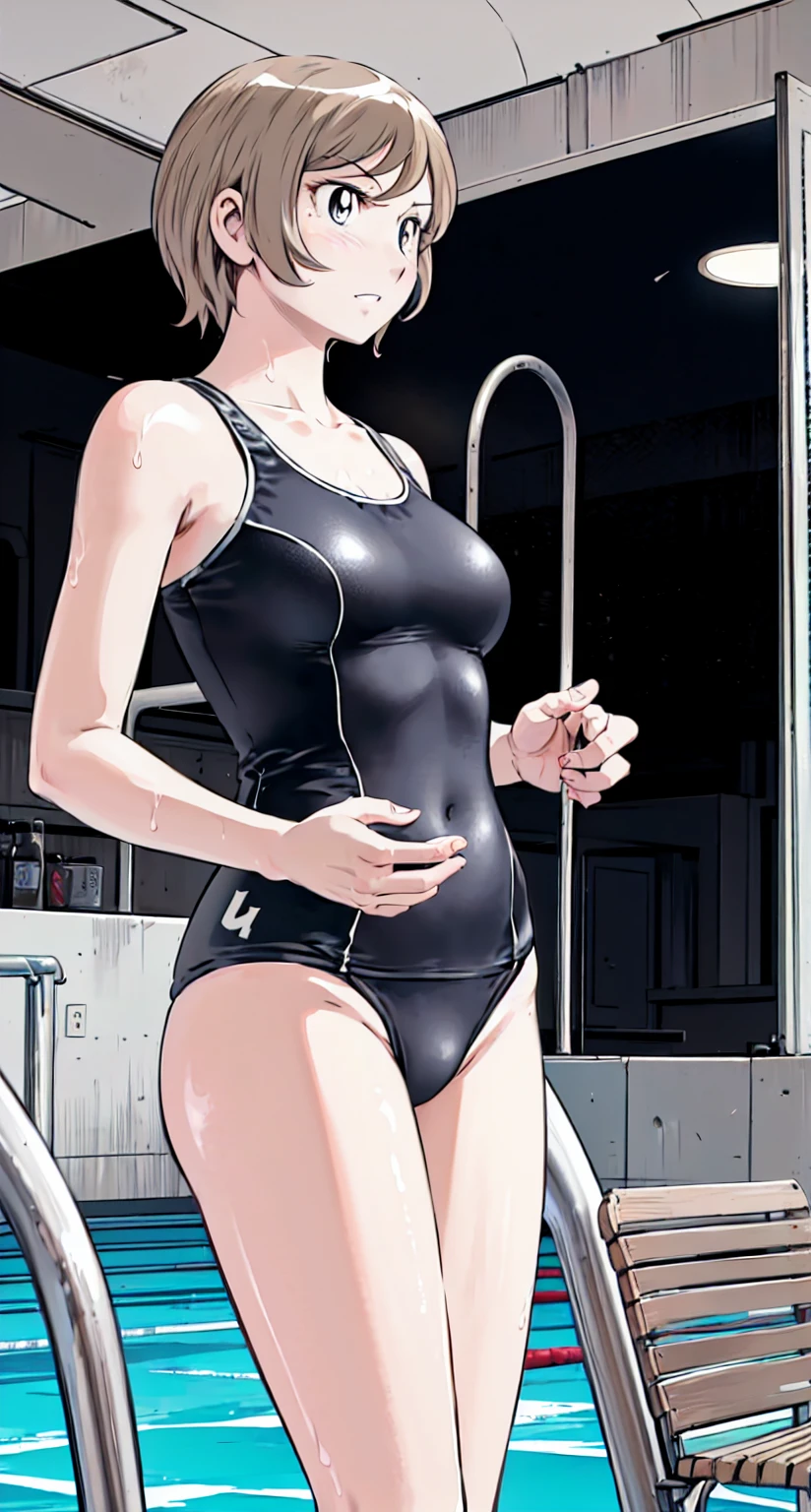 Blonde, (short hair:1.2)、((Illustration of a person))、Big Breasts、
View your viewers,, (Highest quality:1.3),blue eye star piece、Highest quality)、Highest quality, Ultra-high resolution, (((masterpiece))), alone, Sweat、Big eyes、Big Breasts、One Girl, Front view、Embarrassed face、Bronze colored hair、((short hair))、One Girl, alone, blush, Big Breasts,
Bare arms, Wet, Pool, 青いSchool Swimsuit, Thighs, Place your arms at your sides, Bare arms, Cowboy Shot, Are standing, School Swimsuit,bite、High Leg、Mansuji