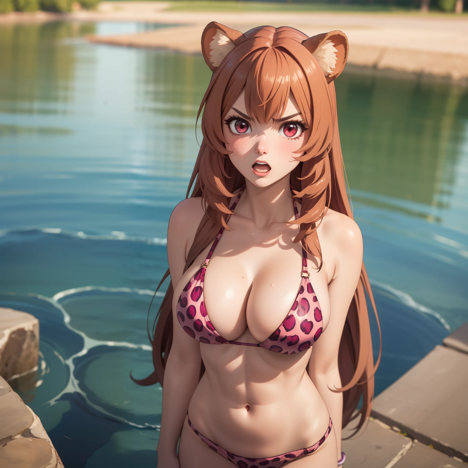 raphtalia, woman 25 years old , cabello rubio , orejas de oso, red eyes like rubies., expresion de verguenza avergonzada rostro rojo, angry expression frown, gritando al espectador, boca abierta grito furioso, cara roja., piel clara, big breasts , pink leopard print bikini,. parada in front of the camera, de pie. fondo un lago cristalino , reflejo en el agua. in front of the camera.