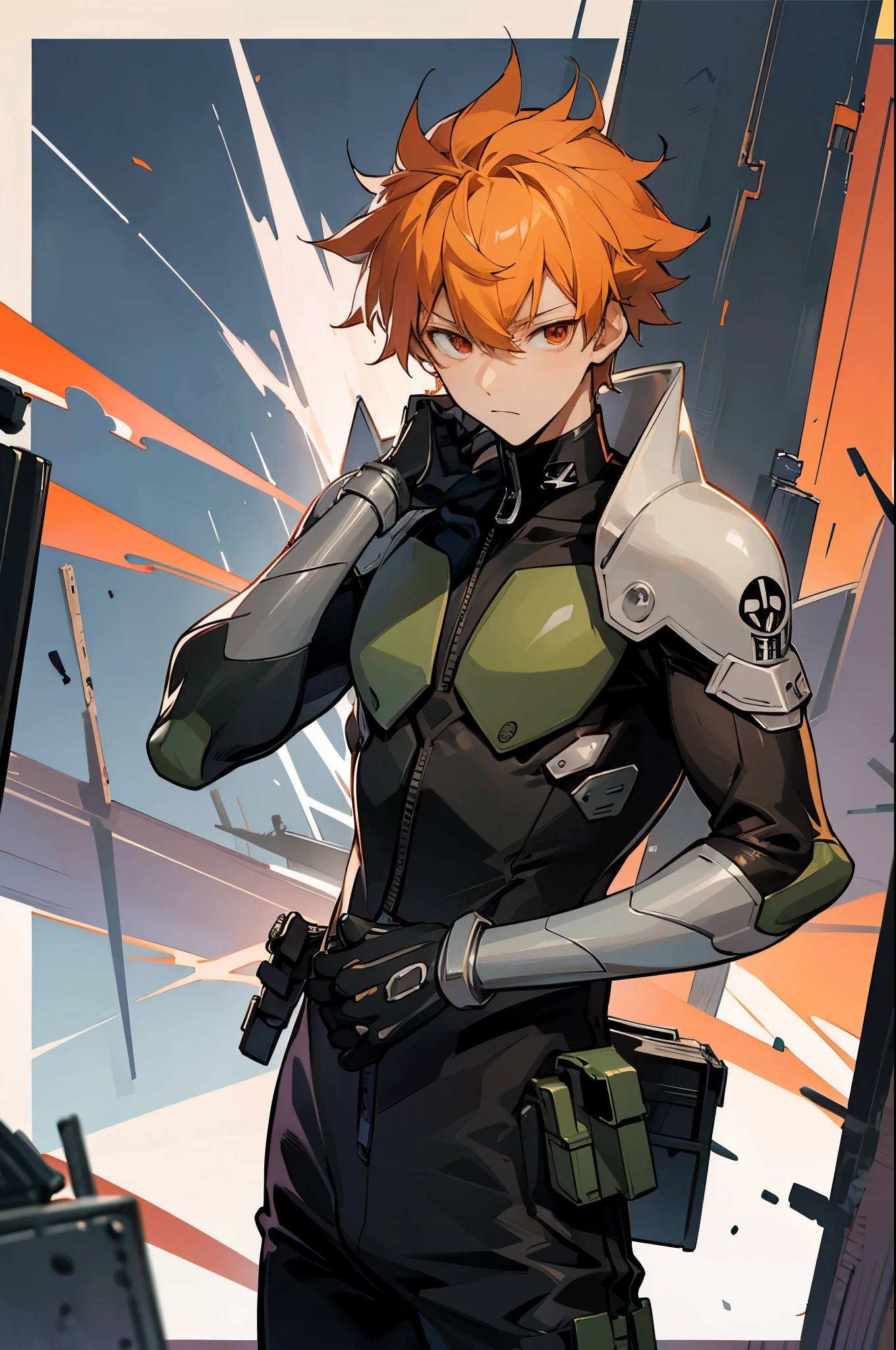 1 male, solo, orange hair , , anime character wearing combat suit, kaworu nagisa, anime handsome man, male anime character, tall anime guy with red eyes, hajime yatate, anime, fubuki, action anime pose, yukito kishiro, young anime man, official art, makoto kano, male anime style, masterpiece, rtx, ray tracing, highly detailed, best quality, official art