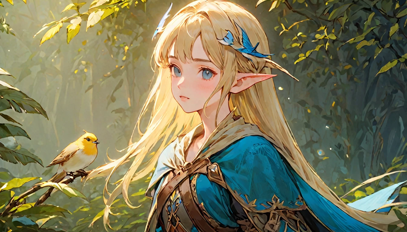 Female Adventurer, whole body, Game Art Style, (masterpiece),  Highest quality, High resolution, 4K, 8k, Detail View, Intricate details, Cinema Lighting, Great quality, 1 Girl, bird、Bird、Close your eyes and sing passionately、Elf Ears、Ash Blonde Hair, Great shade, Soft lighting, Facing camera, Perfect Eyes