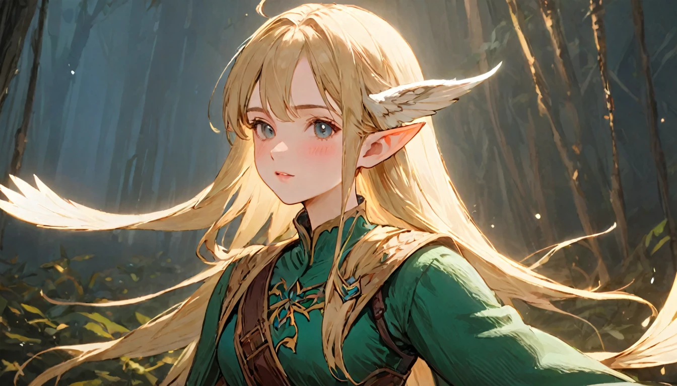 Female Adventurer, whole body, Game Art Style, (masterpiece), Highest quality, High resolution, 4K, 8k, Detail View, Intricate details, Cinema Lighting, Great quality, 1 Girl, bird、Bird、Close your eyes and sing passionately、Elf Ears、Ash Blonde Hair, Great shade, Soft lighting, Facing camera, Perfect Eyes