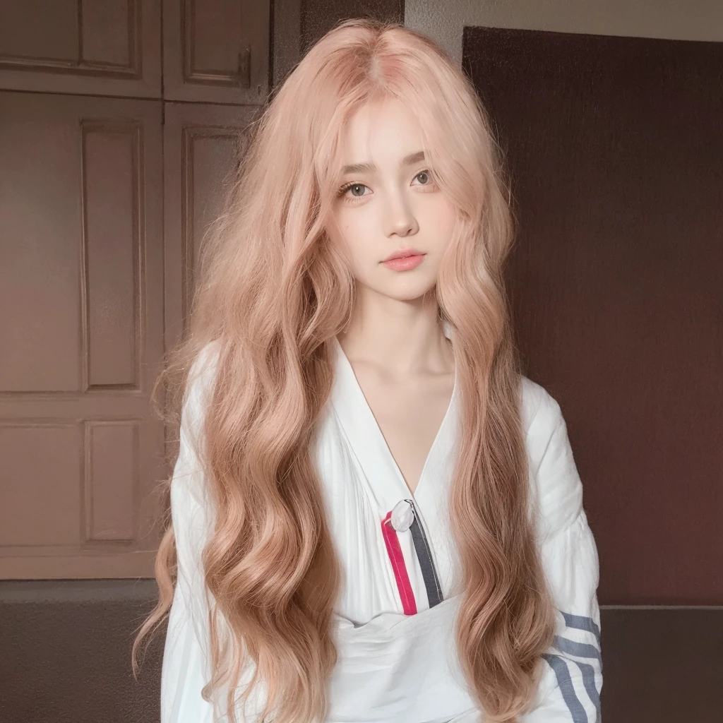 Pink long curly hair，Middle-parted long curly hair with bangs，The background is simple and clean