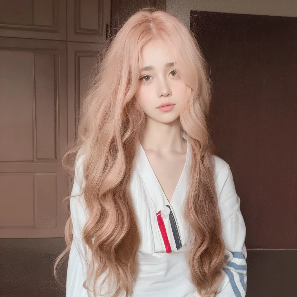 Pink long curly hair,Middle-parted long curly hair with bangs,The background is simple and clean