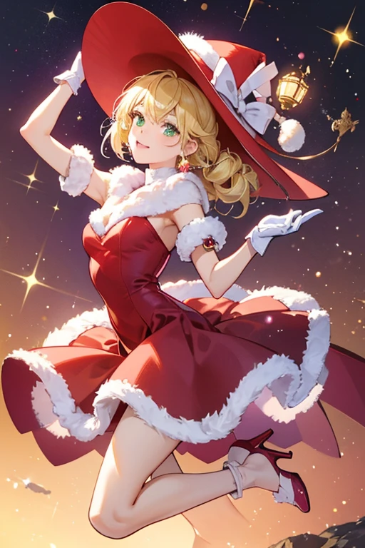 The Light Bug is a light purple bug with a round abdomen, green eyes, blonde hair, and two antennae that poke through her hat. She wears a red dress, hat, a pair of high heels and a pair of white gloves and fur collar. SPARKLE; GLITTER