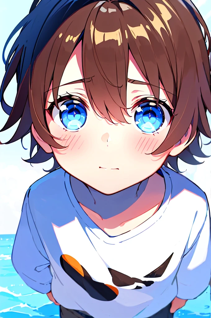 [(WHITE BACKGROUND:1.5),::5], (((masterpiece))), high quality, very_high_resolution, large_filesize, full color, Solo, (1 ), 13 old year, (men's short brown hair), vivid color, Blue eye, summer clothes, anime style