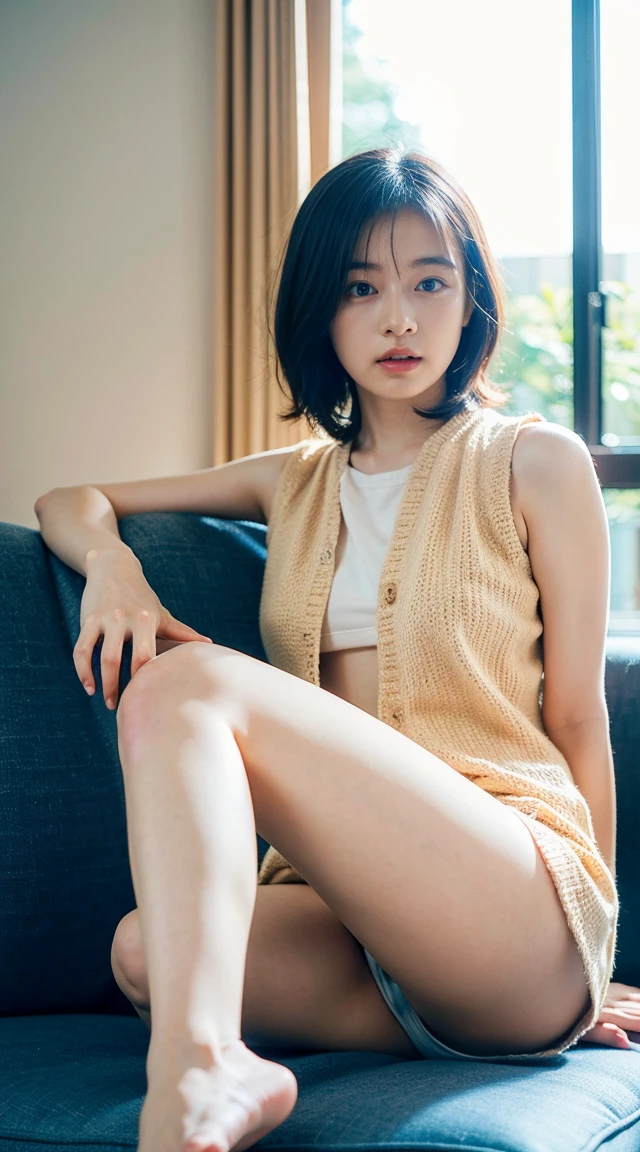 20-year-old female, (masterpiece: 1.4), (8k, reality, Original photo, Highest quality: 1.4), Japan, (1 Girl), Beautiful Face, (True Face: 1.4), (Pink Hair, short hair: 1.3), Hairstyle, Realistic blue eyes, Beautiful details in the eyes, (reality皮肤: 1.3), Beautiful Skin, Charm, 超High resolution, Ultra-realistic, High resolution, Golden Ratio, (Detailed face: 1.4), (Japan演员: Estuary), Sheer vest,粉色short hair,white透明,white,Browsing Caution,big,big屁股强调,The nipple areola is clearly defined,Looking into the camera,Sitting on the couch,The shape of the pubic hair is clear and clear,posture(Bend your knees and spread your legs)