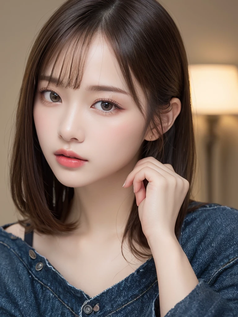 (masterpiece:1.3), (8k, Photorealistic, Raw photo, Best image quality: 1.4), 20-year-old girl、(Random Hairstyles:1.2)、Super detailed face、Attention to detail、double eyelid、Sharp focus:1.2、Beautiful woman:1.4、Slim and slender body、Hourglass system、Very long straight light brown hair color、Ponytail suits you well、Natural color lip、Highest quality、masterpiece、Ultra-high resolution、(Photorealistic:1.4)、Highly detailed and professional lighting、Wear a black off-the-shoulder sweater、Plain navy denim micro erious expression、Natural, lustrous, pure white skin tone、Random pose、Shiny long hair、Sculpture model pose、Highly revealing、