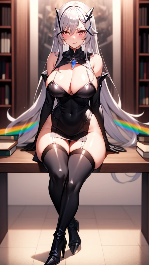 absurdly long hair, ankle length hair, silver hair, large breasts, slim waist, wide hips, hourglass figure, (perfect body proportions), slim legs, micro skirt, rainbow eyes, (x shaped pupils), thigh high socks, (garters), sitting, library, gemstone necklace, high heels, stiletto heels, knee high boots, armored boots, armored gloves, claws, long gloves, detached sleeves