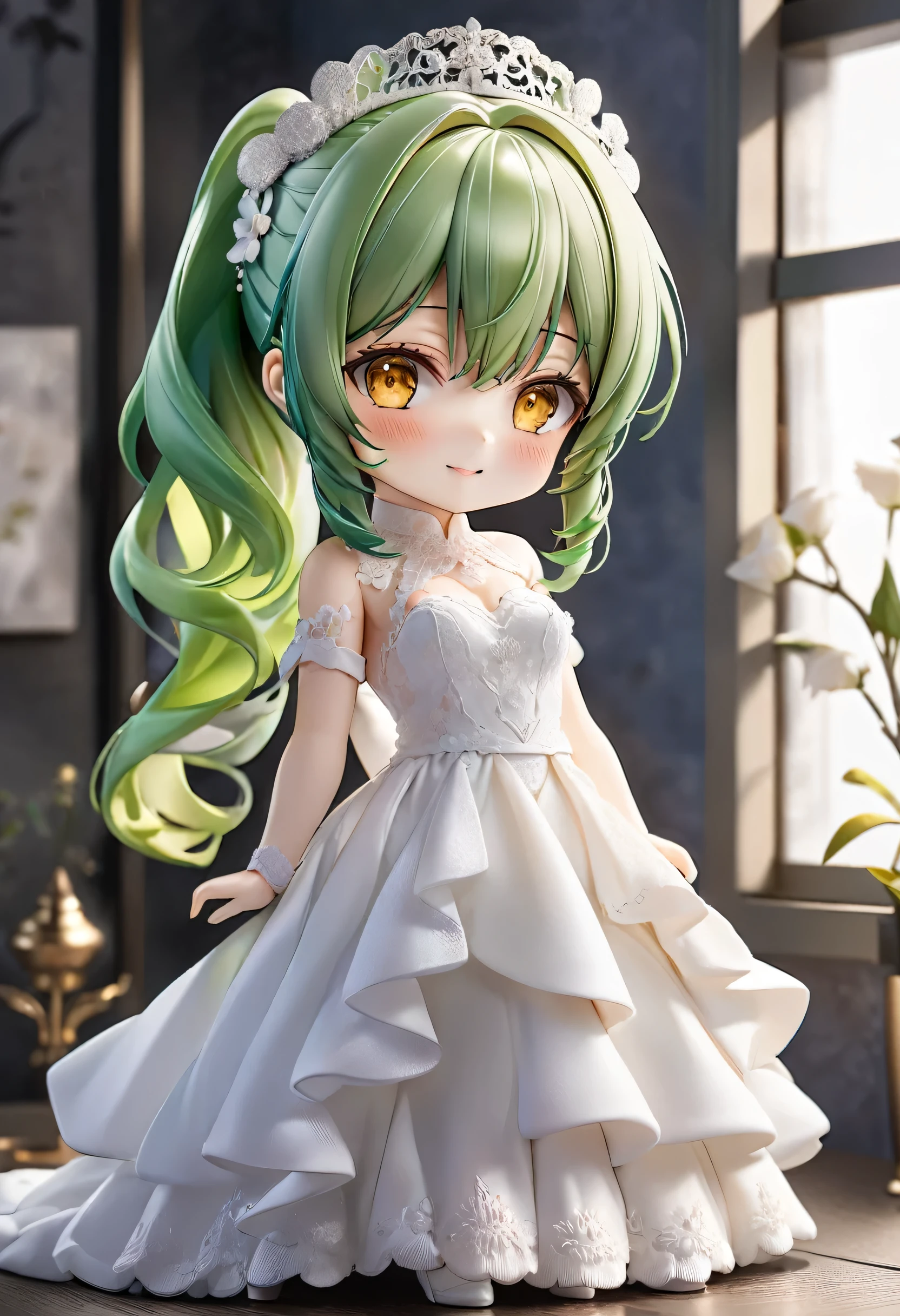 (nendoroid:2) (June Bride style) ( yo, solo ponytail green hair long hair axefighter girl, detailed cute yellow eyes, love smile) (in a sexy bride A stunning silk dress), (in the room), BREAK, perfect anatomy, masterpiece, best quality, 16k, beautiful detailed grow, daydreaming expression.