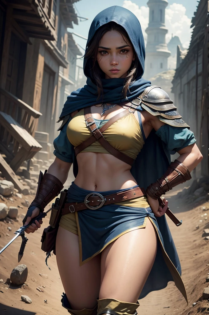 crie uma mulher, 1,78 de altura, medium thighs, medium breasts, pele parda, roupas pretas estilo assasin's creed, , olhos vermelhos, cabelos pretos, golden armlets, some golden lines around the forearms, algumas tatuagens tribais em volta das coxas, a Crossbow style Crossbow in your hands, olhando para mim com olhar intimidador, fundo lua cheia a noite obra prima, qualidade impecavel, HDR, cinematica, Ray Tracing
