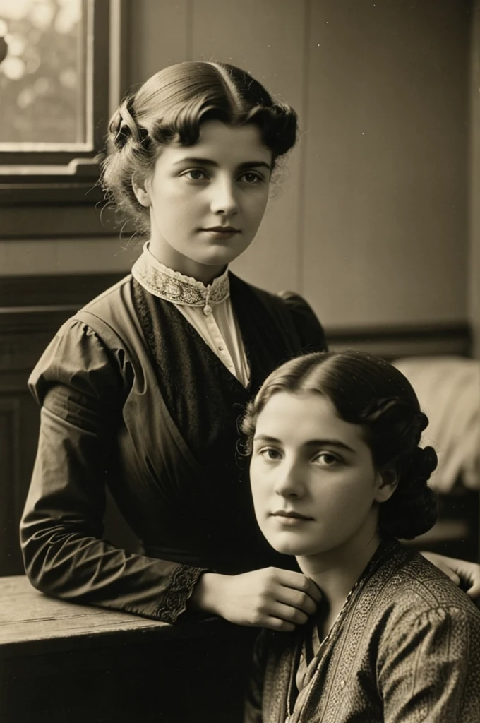 1870s american midwest rural homestead, portrait of mother and daughter, monochrome, retro, sepia toned, beautiful detailed eyes, beautiful detailed lips, extremely detailed eyes and face, long eyelashes, vintage, atmospheric lighting, photorealistic, cinematic, masterpiece, (best quality,4k,8k,highres,masterpiece:1.2),ultra-detailed,(realistic,photorealistic,photo-realistic:1.37)