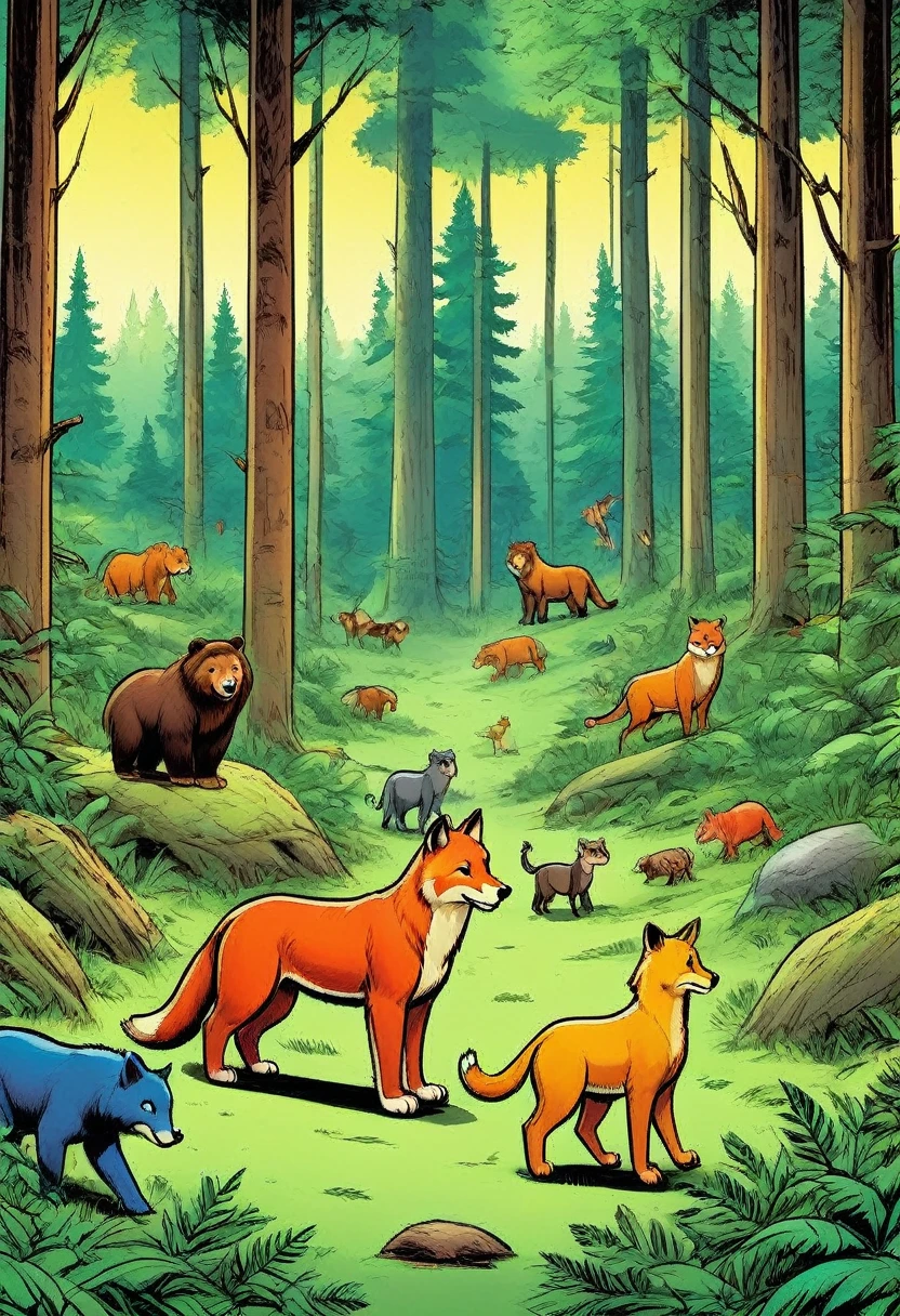 Comic Book, animals, in the forest,