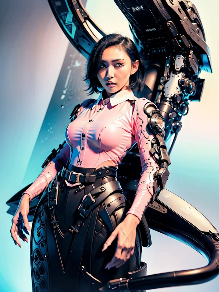 (8k, RAW photo, best quality, masterpiece:1.2), mecha, cyberpunk, ultra-detailed, 1 girl, cute, solo, beautiful detailed sky, detailed cafe, night, sitting, dating, (nose blush), (smile:1.1), (closed mouth), large breasts, seductive smile, large aparture, professional lighting, Sony A7R4, Zessie 50mm F1.8, medium breasts, beautiful detailed eyes, (collared shirt:1.1), bowtie, pleated skirt, (short hair:1.2), floating hair 