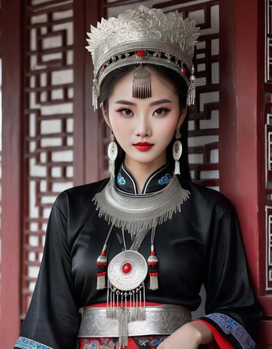 (masterpiece，high quality，8K).beautiful chinese girl，Skin details，Bright Eyes，Fine lashes，unique，Gaze at the viewer，Miao，silver jewelry，Silver crown，silver tassel，Upper body，long sleeves，Sit in the doorway，dark ethnic wear，long skirt：1.2，Black and red linen fabric detail，Miao clothing features，totem，Background of ancient Chinese architecture