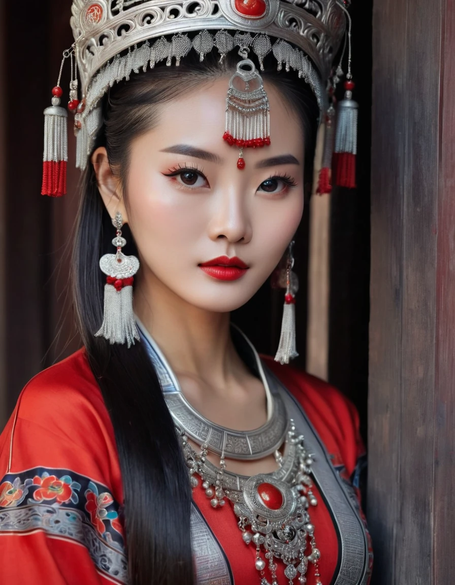 (masterpiece，high quality，8K).beautiful chinese girl，Skin details，Bright Eyes，Fine lashes，unique，Gaze at the viewer，Miao，silver jewelry，Silver crown，silver tassel，Upper body，long sleeves，Sit in the doorway，dark ethnic wear，long skirt：1.2，Black and red linen fabric detail，Miao clothing features，totem，Background of ancient Chinese architecture