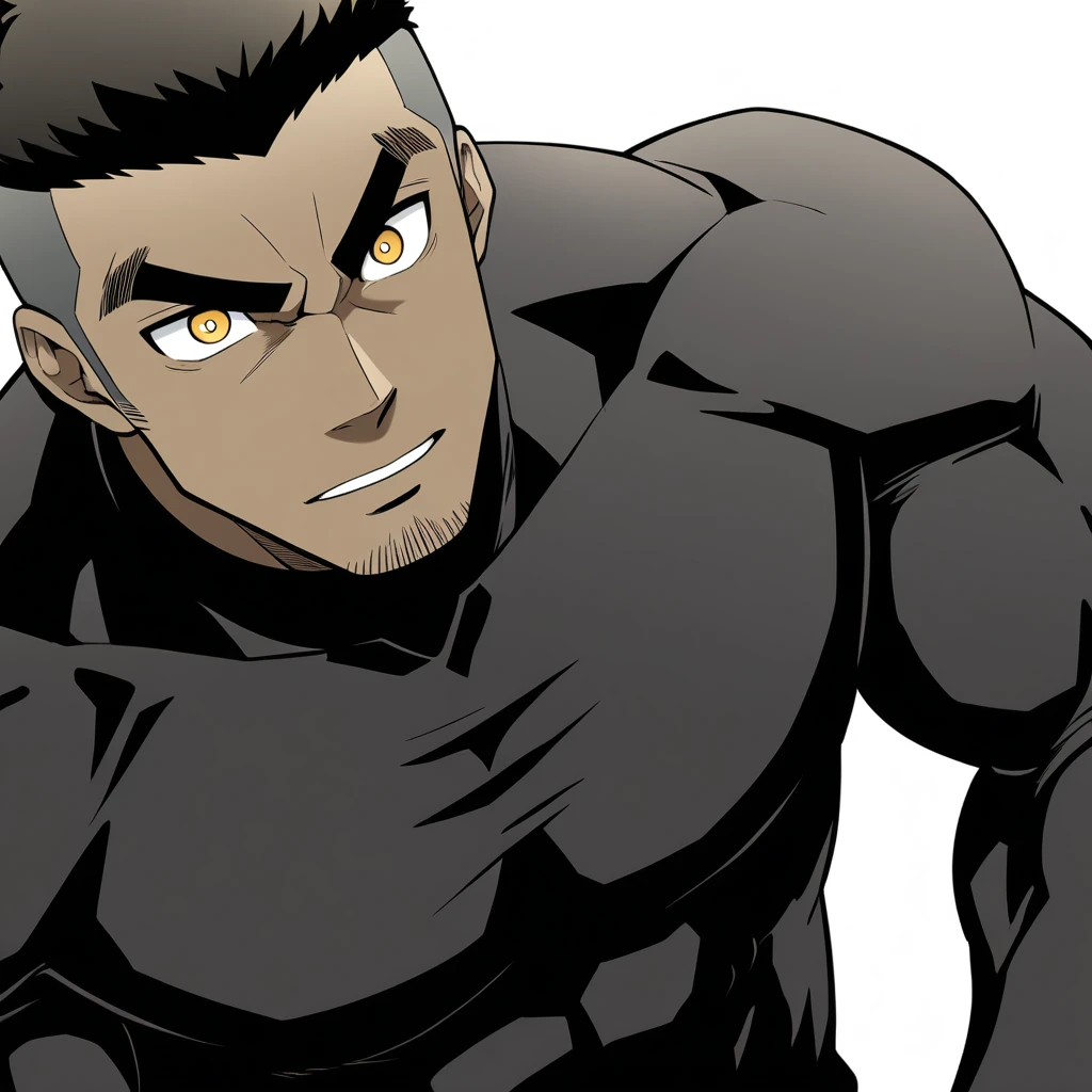 one negro, anime characters:Gyee, Hibino Kafka, One Muscle Sports Student, negro black skin, Very Black, muscular tough guy, Manliness, male focus, Grey long sleeve turtleneck tight t-shirt, Regular symmetrical pattern, Very tight, muscular male, muscular, only, Upper body, alone, Black short hair, Thick eyebrows, stubble, Yellow eyes, White background, simple background, amazing quality, best aesthetics, Ridiculous, bright pupils, crew cut, parted lips, embarrassed, best quality