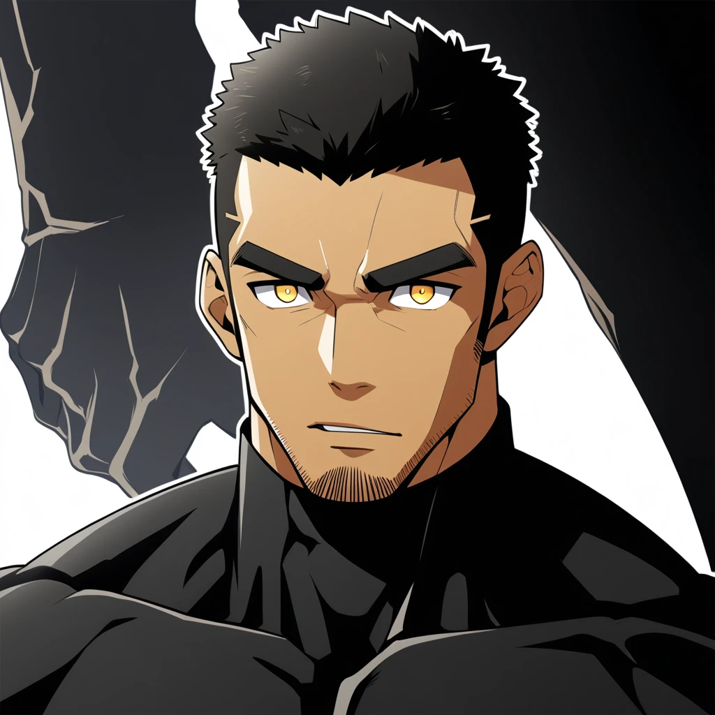 one negro, anime characters:Gyee, Hibino Kafka, One Muscle Sports Student, negro black skin, Very Black, muscular tough guy, Manliness, male focus, Grey long sleeve turtleneck tight t-shirt, Regular symmetrical pattern, Very tight, muscular male, muscular, only, Upper body, alone, Black short hair, Thick eyebrows, stubble, Yellow eyes, White background, simple background, amazing quality, best aesthetics, Ridiculous, bright pupils, crew cut, parted lips, embarrassed, best quality