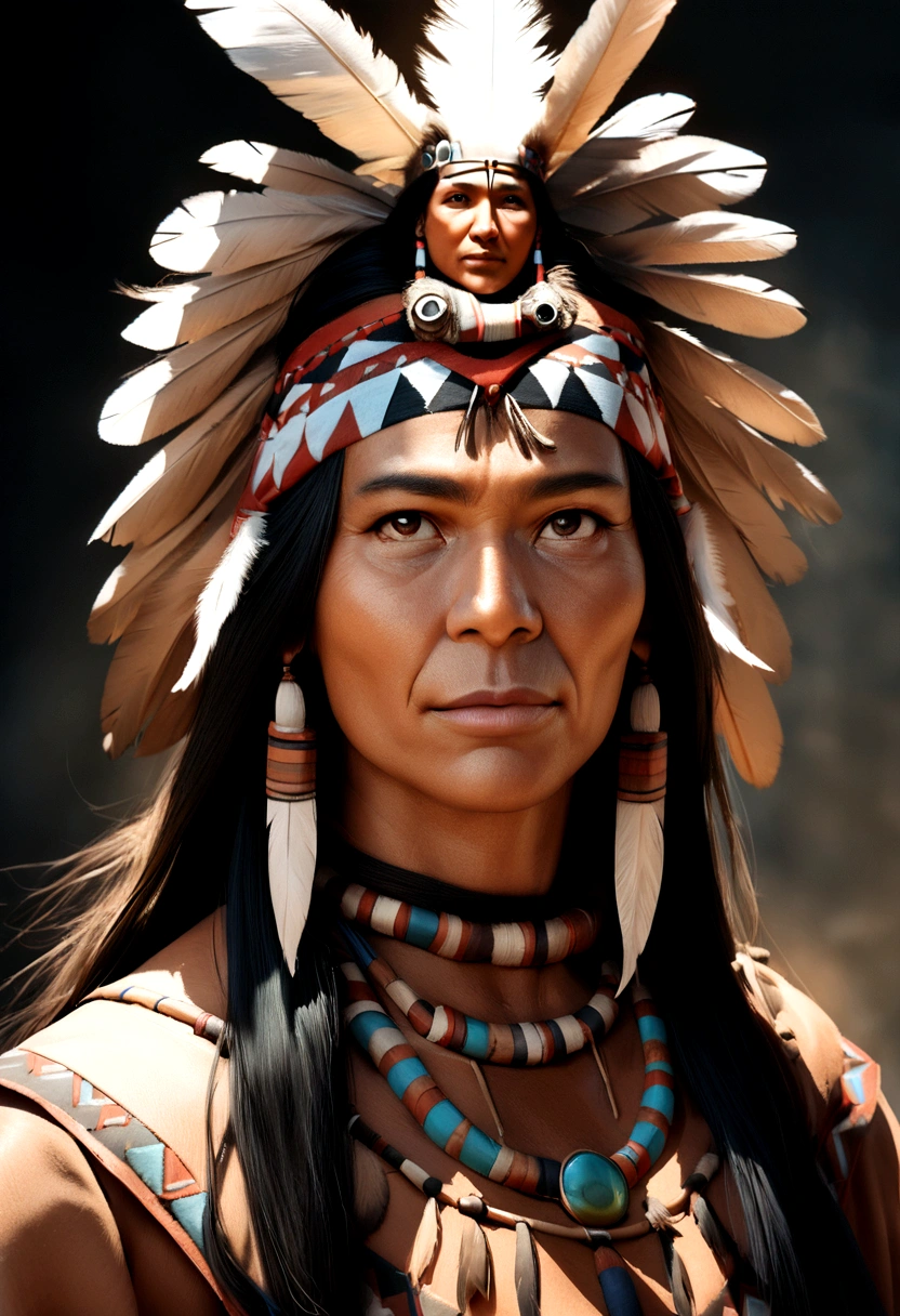 Surreal cinematic image of Indian natives with feathers on their heads, Native Americanアート, Indian Warrior, Native American, Native Americanの戦士, Local art, Native Americanの戦士, First Nationsの男性, Eagle feathers, Skilled Apache warriors, Warrior spirit, American Indian headdress, First Nations族の芸術, : Native American Shameon Fantasy, First Nations, Native American folk art, Indian Realist Art Photography, photo shoot, masterpiece, Realistically, Hentai Realism, rendering, High contrast, Digital Art Photography Art Station 8K HD HD Details Real Trend, Detailed, Skin Texture, Super detailed, realistic Skin Textures, armor, Highest quality, 超High resolution, (photographer: 1.4), High resolution, Detailed, Total Draft, sharp, author:Lee Jeffries Nikon D850 Film Stock Photos 4 Kodaport 400 F1 Lenses.6 Rich Colors Realistic Textures Dramatic Textures Dramatic Lighting Unreal Engines Art Station Trends Movie Stills 800