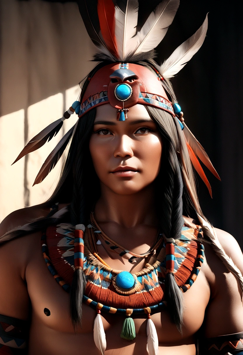 Surreal cinematic image of Indian natives with feathers on their heads, Native Americanアート, Indian Warrior, Native American, Native Americanの戦士, Local art, Native Americanの戦士, First Nationsの男性, Eagle feathers, Skilled Apache warriors, Warrior spirit, American Indian headdress, First Nations族の芸術, : Native American Shameon Fantasy, First Nations, Native American folk art, Indian Realist Art Photography, photo shoot, masterpiece, Realistically, Hentai Realism, rendering, High contrast, Digital Art Photography Art Station 8K HD HD Details Real Trend, Detailed, Skin Texture, Super detailed, realistic Skin Textures, armor, Highest quality, 超High resolution, (photographer: 1.4), High resolution, Detailed, Total Draft, sharp, author:Lee Jeffries Nikon D850 Film Stock Photos 4 Kodaport 400 F1 Lenses.6 Rich Colors Realistic Textures Dramatic Textures Dramatic Lighting Unreal Engines Art Station Trends Movie Stills 800