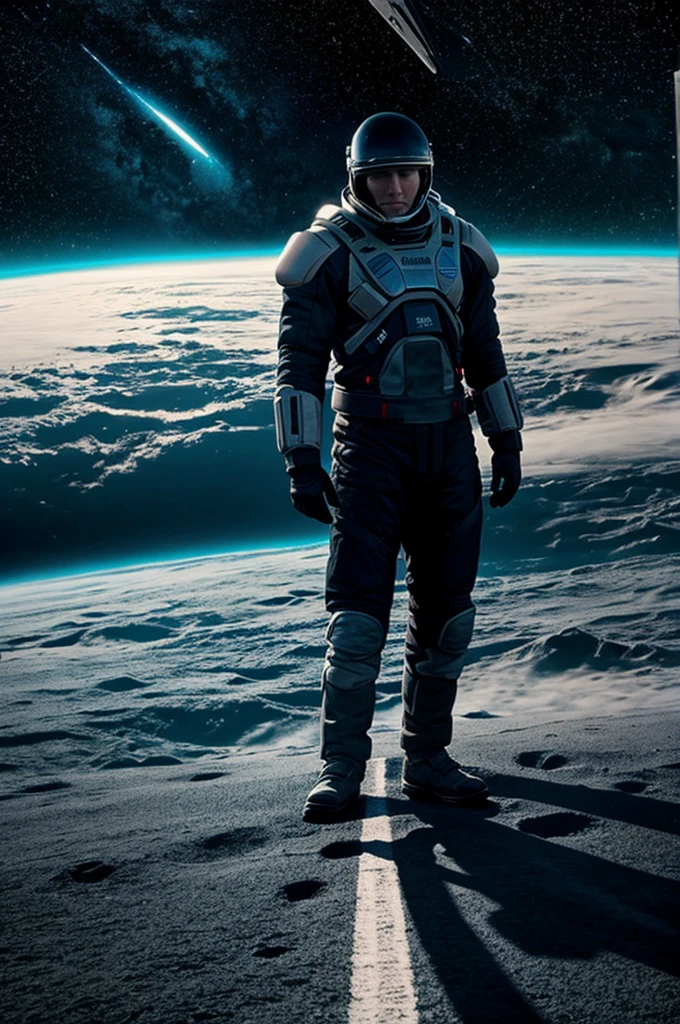 Create a high-quality image depicting a futuristic space scene. The focal point of the scene should be a man in a futuristic space suit, with advanced technology visible on the suit and equipment. He stands on a floating platform designed with futuristic technology. In the background, there is a vast stellar space filled with bright stars and nebulae, featuring a prominent planet with visible rings in its orbit. The lighting should suggest the presence of a distant star, creating dramatic contrasts between light and shadow on the man and the surrounding environment. The scene should convey a sense of adventure and exploration in the vastness of space.