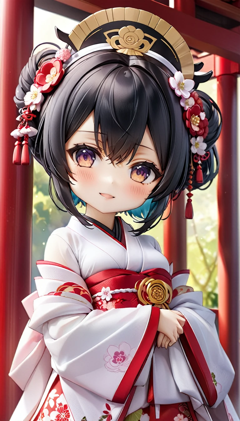 (nendoroid:2.0) (Japanese June Bride style) (15 yo, solo) ((blunt bangs, oiran hair)) (black hair long hair sexy shrine maiden girl, sexy closed:1.2 eyes, love smile) ((beautiful make up)) (in a sexy japanese bride A silk:1.3 White wedding kimono), (in the divine Dazaifu Tenmangu Shrine), BREAK, perfect anatomy, masterpiece, best quality, 16k, beautiful detailed grow, daydreaming expression.