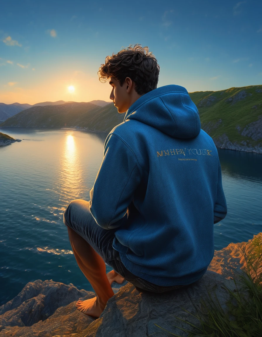 ((1 man full body wearing blue hoody, watching the sunrice, blue hour  blue jeans, barefoot sitting,)) (view from behind )), in henry scott tuke and Peter Paul Rubens art style, ultra detailed, ultra realistic, ambient lighting, becoming the subject composition, soft neutral colors, perfect components layout, perfect detailed feet, divine proportions, wide angle, fullbody, in henry scott tuke art style, ultradetailed, ultrarealistic, 8k resolution, HD, a 15 years old man, hairy, slighly hairy body, slender, detailed eyes, detailed feet, detailed nose, detailed lips, detailed chin, detailed ears, detailed muscles, blue eyes, shirtless, barefoot, handsome, masculine, detailed feet, detailed hands, gorgeous, , perefect anatomy, skinny detailed muscles man view from behind, a 15 years old latino man is siting by the river watching the sun rice wearing blue hoody, blue jeans, barefoot in the background, river, mountains, sun, clouds natural lighting, , high quality masterful still-life painting, oil painting, vibrant rich colors, atmospheric perspective, depth, illustration, intricate details, ultra high resolution, sharp details, sharp focus, 8k resolution Miki Asai Macro photography, fullbody, hyper detailed, trending on artstation, sharp focus, studio photo, intricate details, highly detailed, by greg rutkowski ,GO_pokemon,
