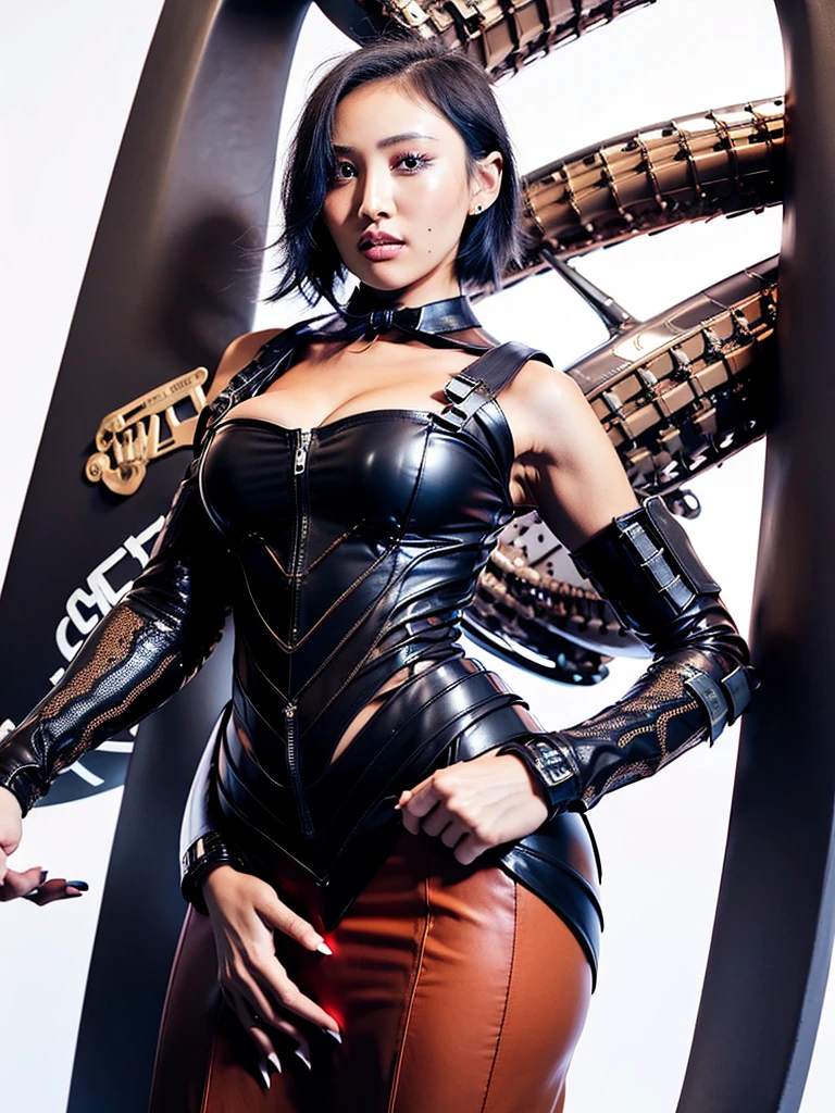 (8k, RAW photo, best quality, masterpiece:1.2), mecha, cyberpunk, ultra-detailed, 1 girl, cute, solo, beautiful detailed sky, detailed cafe, night, sitting, dating, (nose blush), (smile:1.1), (closed mouth), large breasts, seductive smile, large aparture, professional lighting, Sony A7R4, Zessie 50mm F1.8, medium breasts, beautiful detailed eyes, (collared shirt:1.1), bowtie, pleated skirt, (short hair:1.2), floating hair