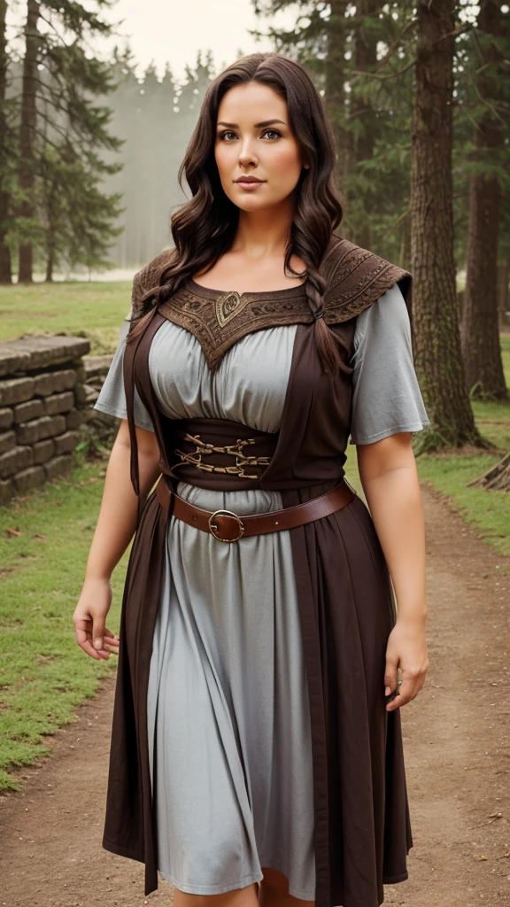 plus size woman, 45 years old, short dark hair. Clothing style feminine, viking, classical, and warm clothing, magical