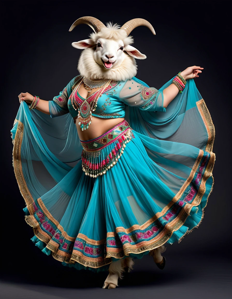 photorealistic portrait of Dressed animals - a ((fat)) ((angora goat)) dancer,(dynamic dancing:2.0), (swinging arms :2.0),(happy smile:1.2),high quality,(happy),(lovely) ,intricate details, (sheer veil), highly detailed (( gypsy belly dancing clothes)) ,highly detailed decorations of clothes, Wearing gypsy belly dancing clothes, , (happy), studio lighting,(full body image:1.5),simple background,(viewed from side:2.0),