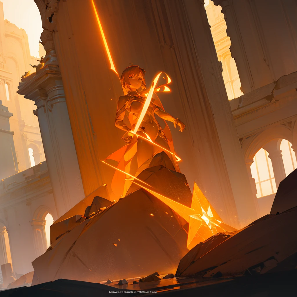 Magestic Statue made of Sunstone, ruins, under the surface, female, Glowing Orange