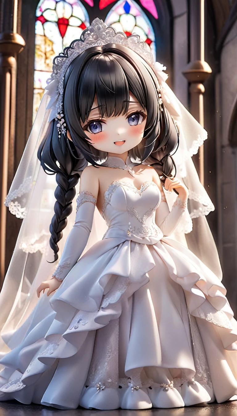 (nendoroid:2) (June Bride style) (15 yo, solo) ((blunt bangs)) black hair long hair sexy girl, sexy closed:1.2 eyes, love smile) ((makeup, rozy mouth)) (in a sexy bride A stunning silk:1.3 wedding dress), (in the divine Chapel), BREAK, perfect anatomy, masterpiece, best quality, 16k, beautiful detailed grow, daydreaming expression.