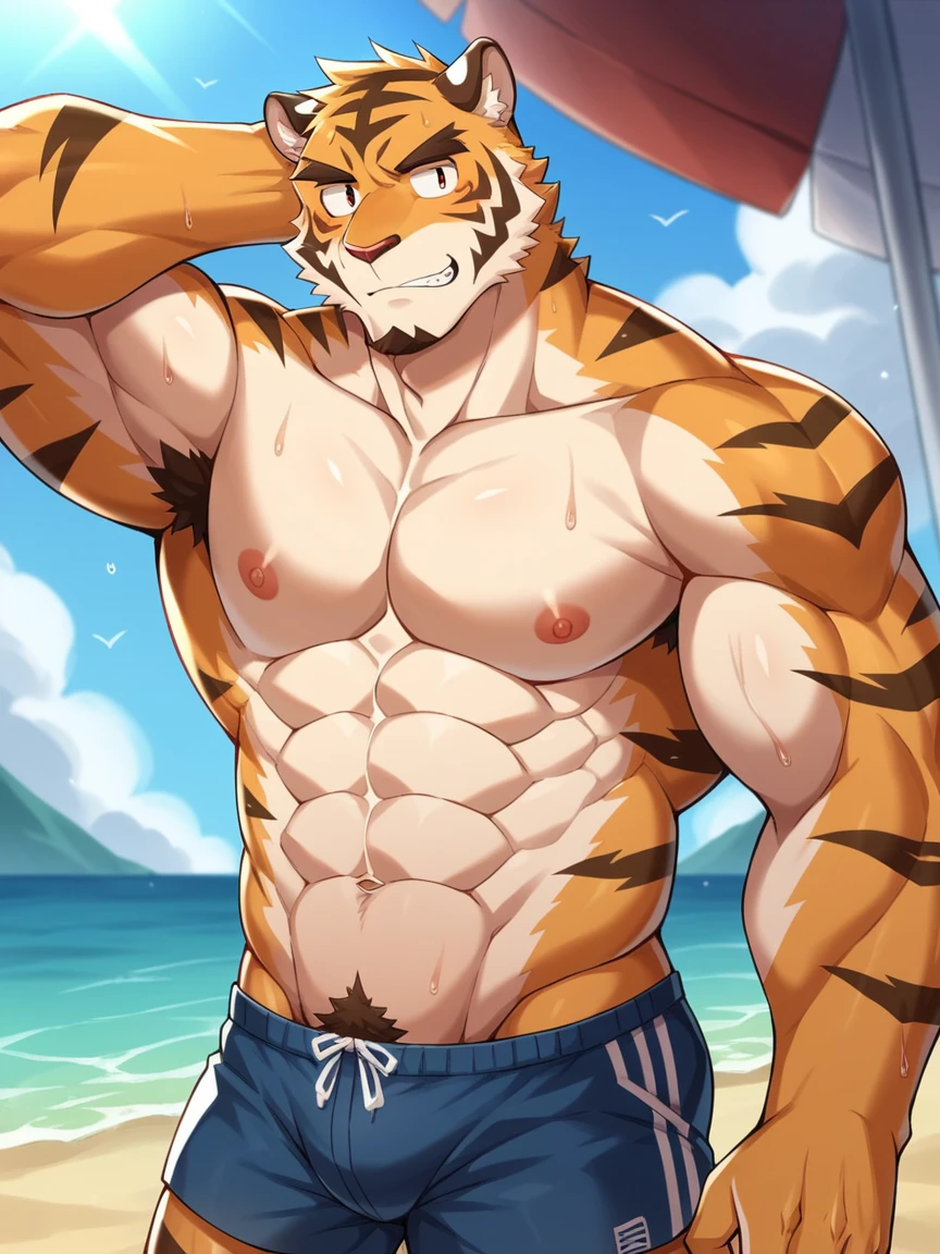 score_9, score_8_superior, score_7_superior,score_6_superior,score_5_superior,score_4_superior,
alone,Humanity,male,Huge Muscular,Huge body,Humanity,Tiger,bodybuilder,alone,(maleらしい:1.3),(nice),Sharp eyes,Nipples,Abdominal muscles,nude,Pectoral muscle,fur,(Short shorts),nail,fluffy fur,superior腕二頭筋,house,topless,Nipples,Beach,Sweat and fall,Very detailed,Explicit content