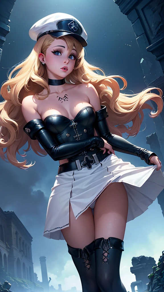 (La mejor calidad,A high resolution,Ultra - detallado,actual),Ariana Grande, (masterpiece, best quality), intricate details,
1girl, Mercedes, light brown hair, blue eyes, long hair, hat, peaked cap, military, uniform, military uniform, choker, thighhighs, boots, thigh boots, white footwear, chest tattoo, ,(Fondo de ruinas de mazmorra en ruinas:1.4 ),( Ariana Grande :1.4),( perfect anatomy :1.4), (cinematic lighting :1.4), score_9, score_8_up, score_7_up, score_6_up, rating_explicit, 1girl, ((18YO:1.2)), Adult, full lips, ((blond hair:1)), (long wavy hair: 1.2),(perfect anatomy V2.1), (ojos hermosos :1.4), (skirt lifted by itself: 1.1), (skirt lift: 1.3), (showing white panties: 1.3)