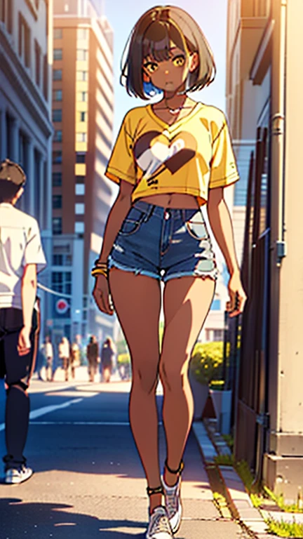 masterpiece, best quality, dark skin, short hair, yellow eyes, black hair, beautiful girl, thin, full body, tall girl, ((casual male clothes)), ((kawaii)), ((cute)), plan boobs, short boobs, small , ((short chest)), ((big butt)), ((wide thigh)), eating chocolate, downtown