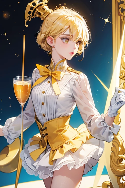 Like her last name says, Ms. Chalice is an anthropomorphic light yellow chalice, with a golden lip and handles, and a golden-and-white-striped straw sticking out of her head, similar to that of Mugman.
Her facial features consist of a small golden nose, round eyes with three eyelashes on each and a yellow mole under her right eye.
She wears a black long-sleeve shirt, a light blue skirt with white bloomers, white gloves with either white or yellow cuffs and a pair of golden ballerina flats. SPARKLE; GLITTER