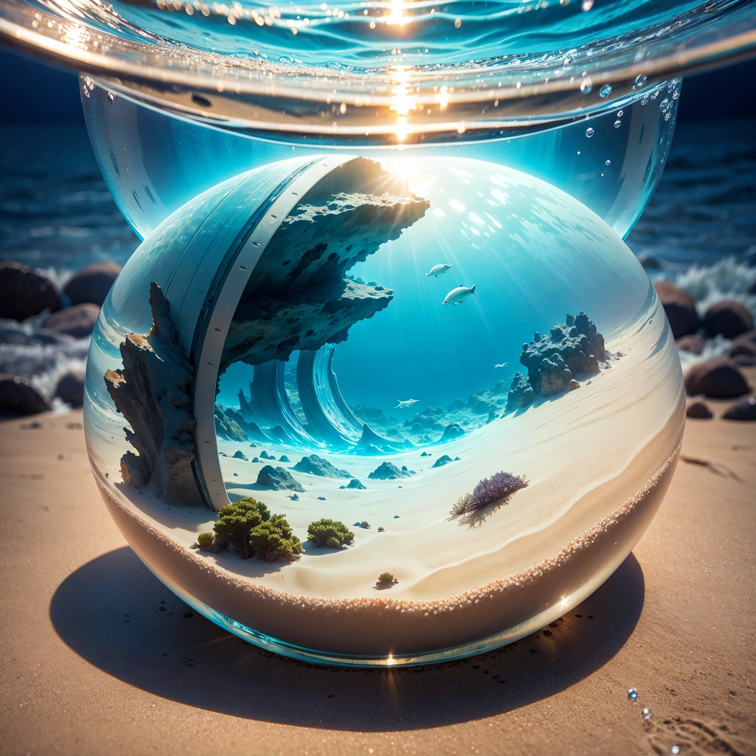 Underwater world,Marine life,Transparent fog,The hemispherical shape looks down from the sky,fanciful,Artistically。beach sand background
