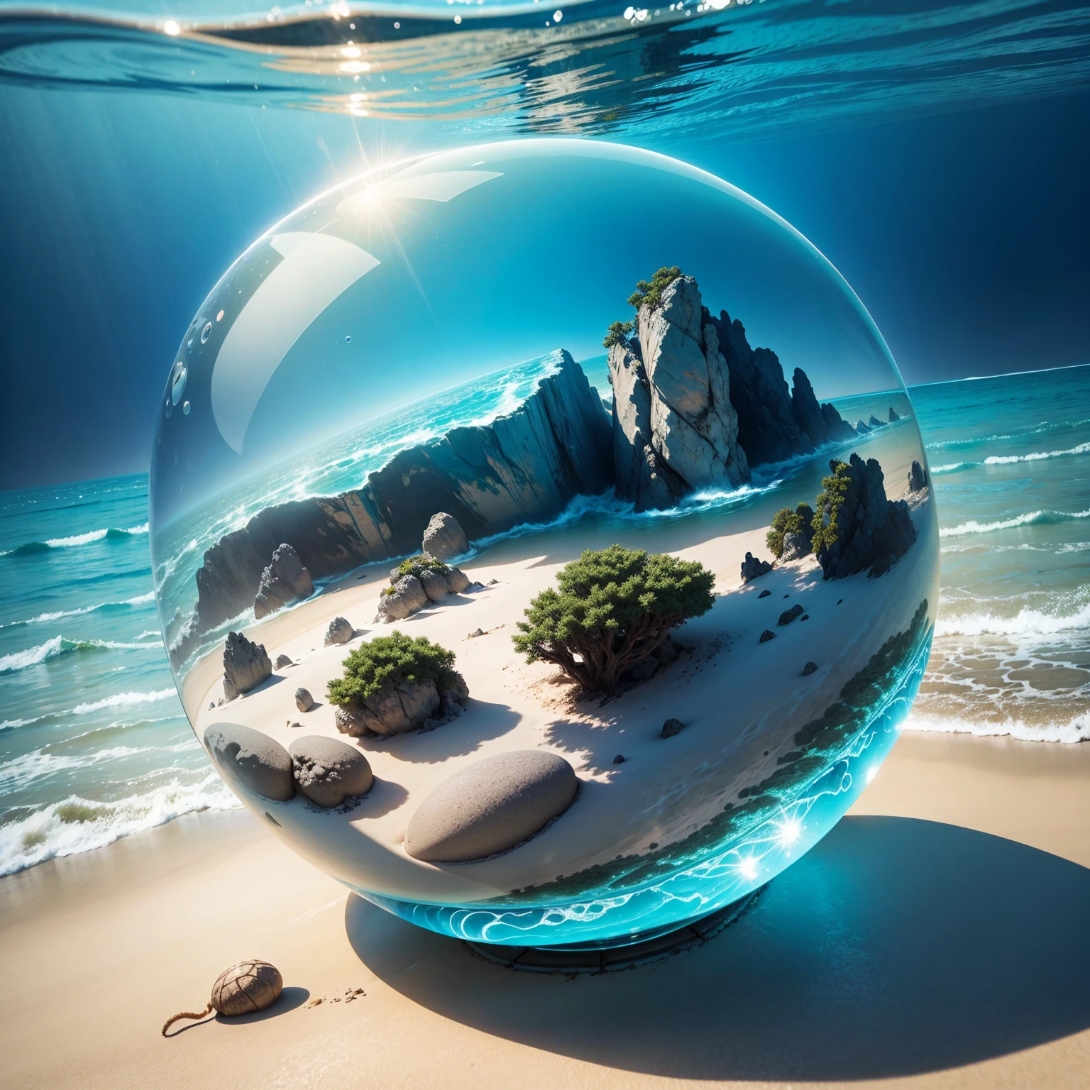 Underwater world,Marine life，Transparent fog，The hemispherical shape looks down from the sky，fanciful，Artistically。beach sand background