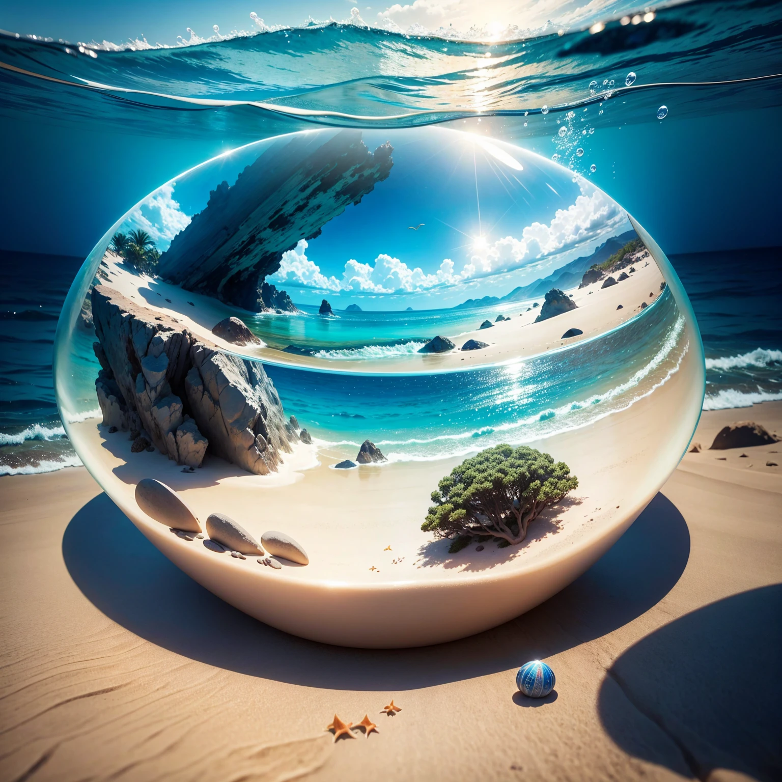 Underwater world,Marine life，Transparent fog，The hemispherical shape looks down from the sky，fanciful，Artistically。beach sand background