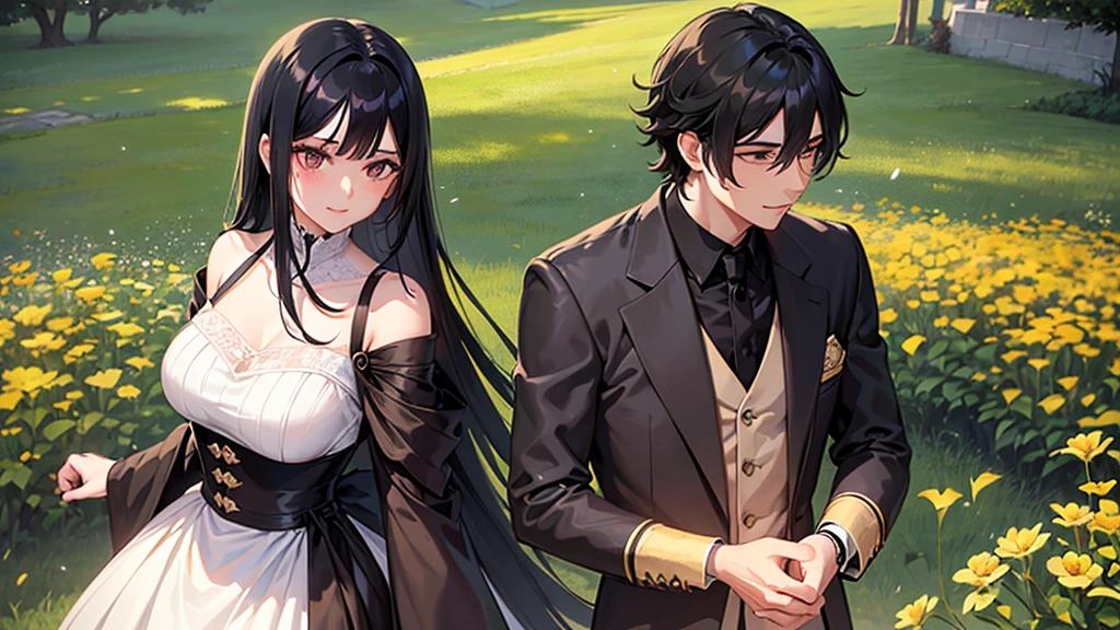 A boy and a girl, 1 woman (She has long black hair), Lovers，Eye contact，1 man (he has short black hair).wearing a formal dress， Anime style,Delicate facial features，Beautiful eyes，Expression smile，Delicate facial features，Pretty Face，daytime， Standing in a field of flowers，Backlight