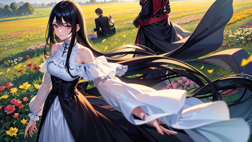 A boy and a girl, 1 woman (She has long black hair), Lovers，Eye contact，1 man (he has short black hair).wearing a formal dress， Anime style,Delicate facial features，Beautiful eyes，Expression smile，Delicate facial features，Pretty Face，daytime， Standing in a field of flowers，Backlight