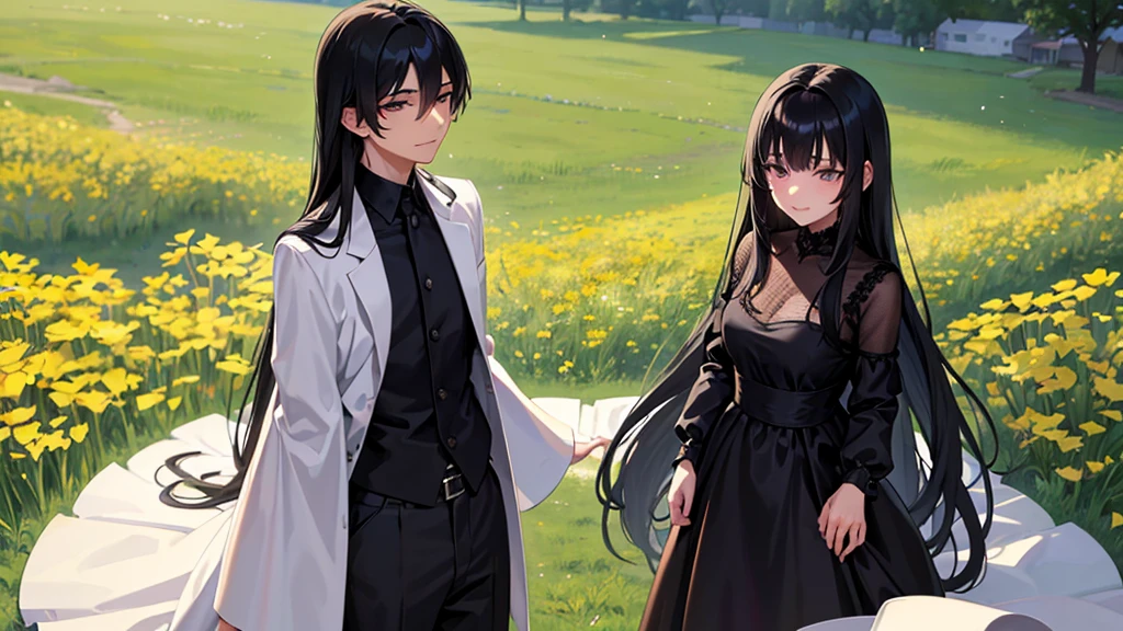A boy and a girl, 1 woman (She has long black hair), Lovers，Eye contact，1 man (he has short black hair).wearing a formal dress， Anime style,Delicate facial features，Beautiful eyes，Expression smile，Delicate facial features，Pretty Face，daytime， Standing in a field of flowers，Backlight
