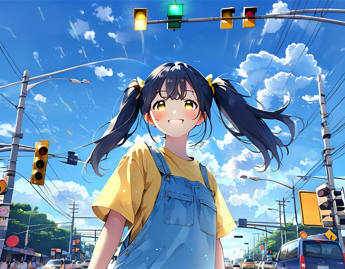 Traffic lights flashing blue against a blue sky、Traffic lights floating in the sky、Light blue long hair、Beautiful girl with twin tails、Bright smile、Yellow T-shirt and jeans、The traffic light is flashing blue、White clouds on a clear sky、Face Highlights、Lo-fi art style, Nostalgic and melancholic artwork,