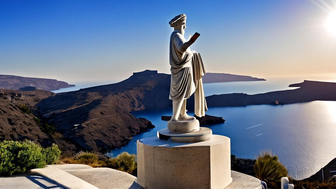 A greek statue with aesthetic design looking at cellphone